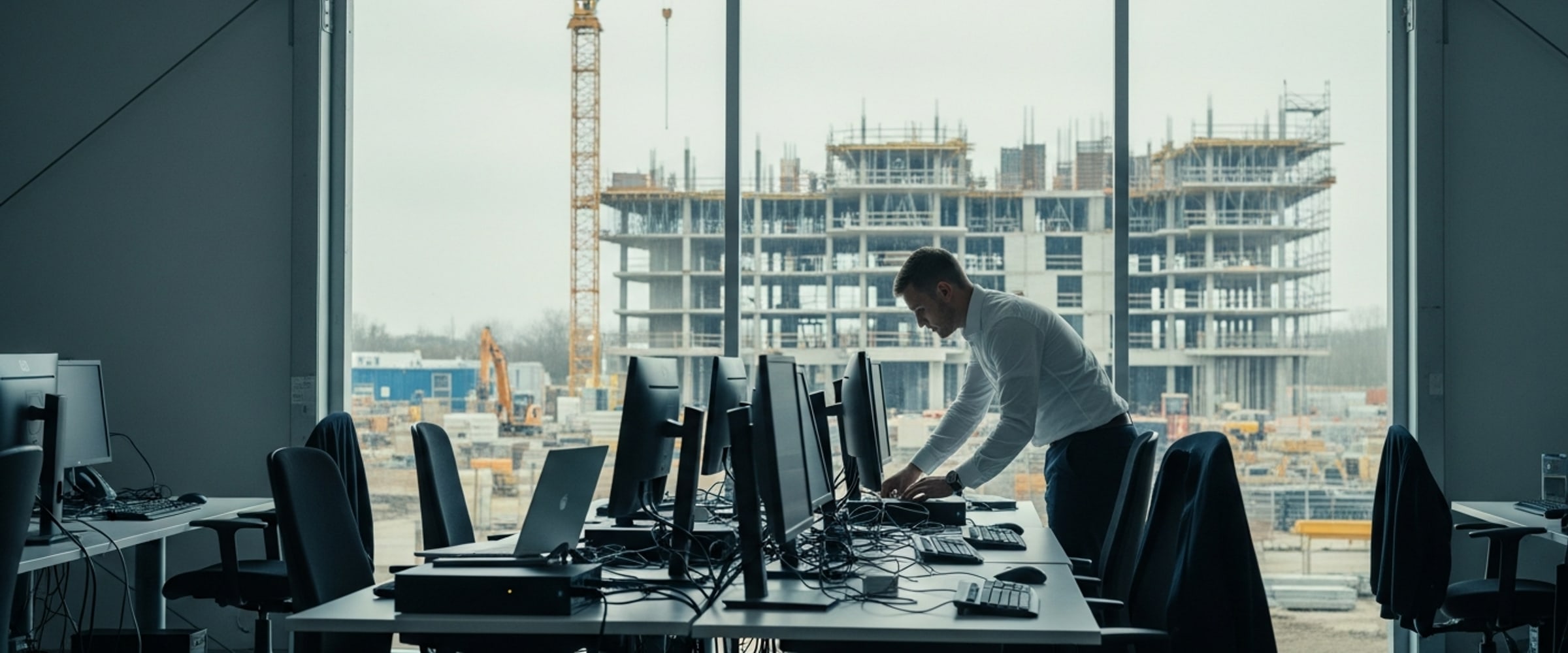 An IT technician setting up the computer workstations in a construction site project office.