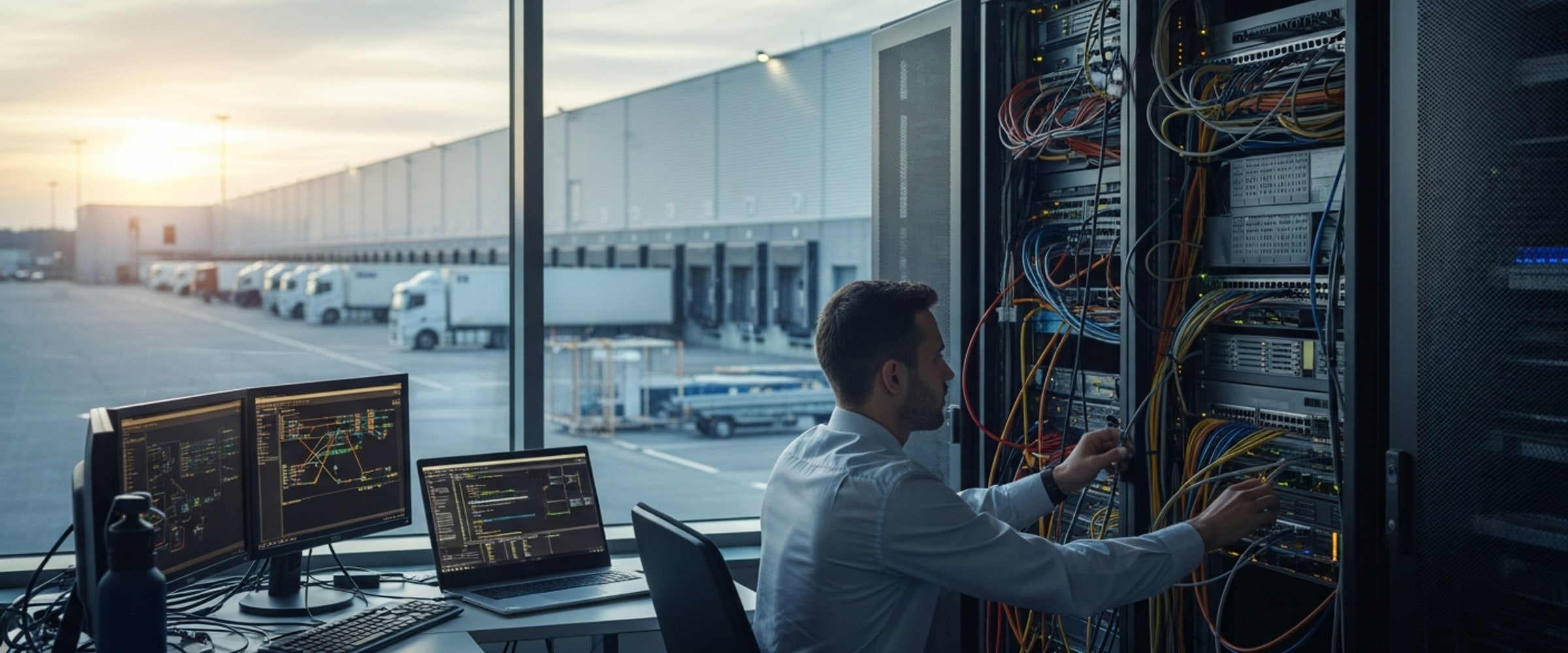 An IT technician servicing a server and network rack in a logistics company server room.