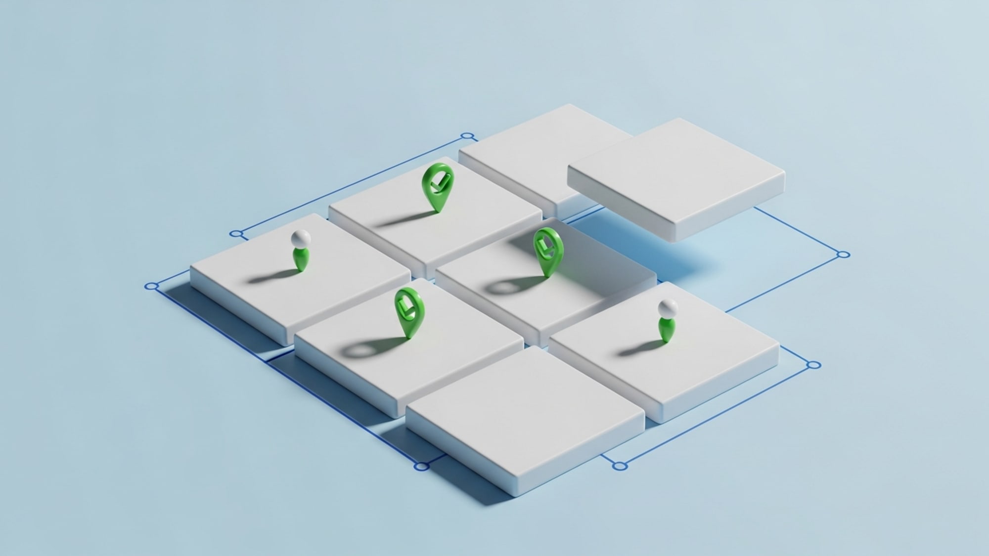 A connected results mosaic with raised tiles and green progress pins.