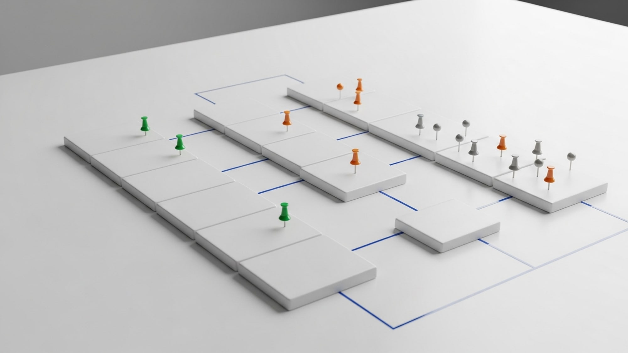 A bright planning-table still life with three unmarked support-plan pathways returning to one shared foundation tile.