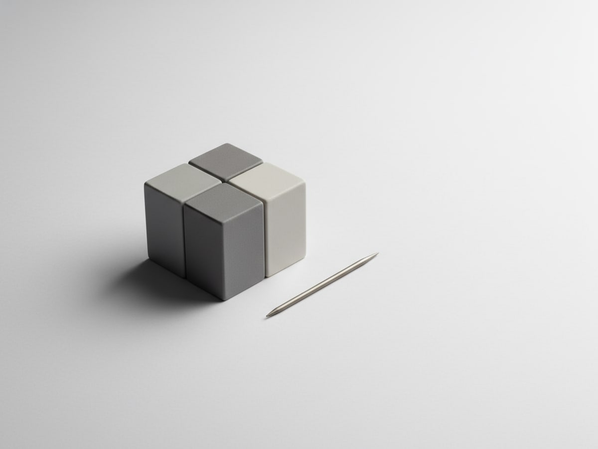 Three matte-ceramic milestone blocks in a small, self-contained cluster on a paper-white surface — Flex is one discrete, well-defined job.