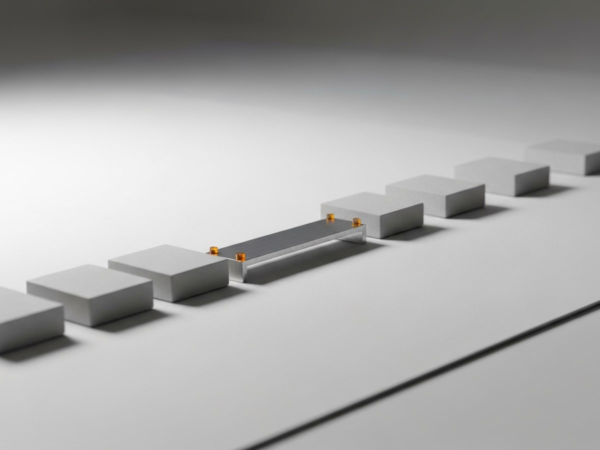 Four milestone blocks then a brushed-aluminum bridge then three more blocks, with amber pins flanking the bridge — Lite extends the team.