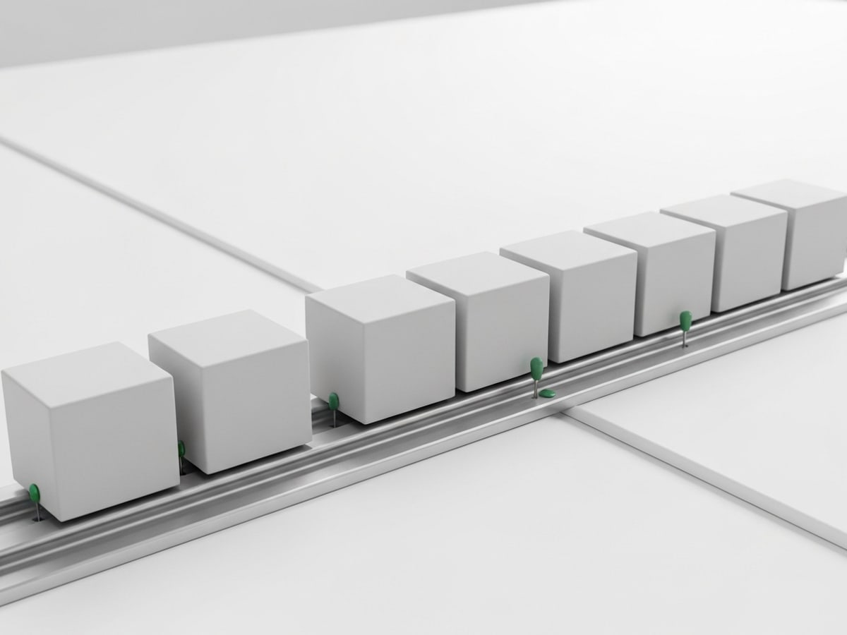 Seven matte-ceramic milestone blocks in a continuous path with green pins at every junction — the Premium tier owns the program end to end.